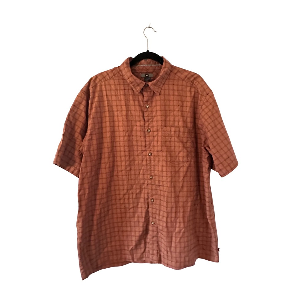 REI Mens Plaid Short Sleeve‎ Button Up Shirt Size XL Orange Cotton Casual Hiking
